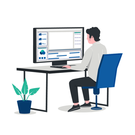 animated drawing of a man sitting at a computer screen watching a chart go up