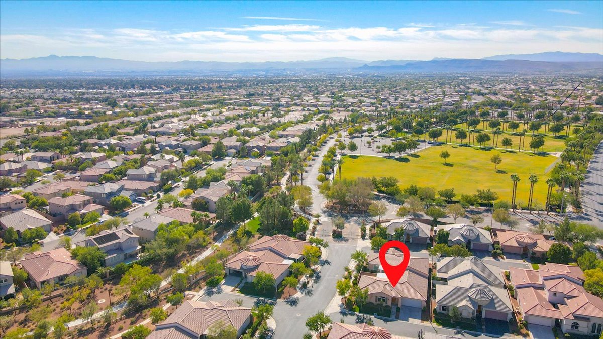 Aerial view of a Las Vegas Valley residential neighborhood near a large community park