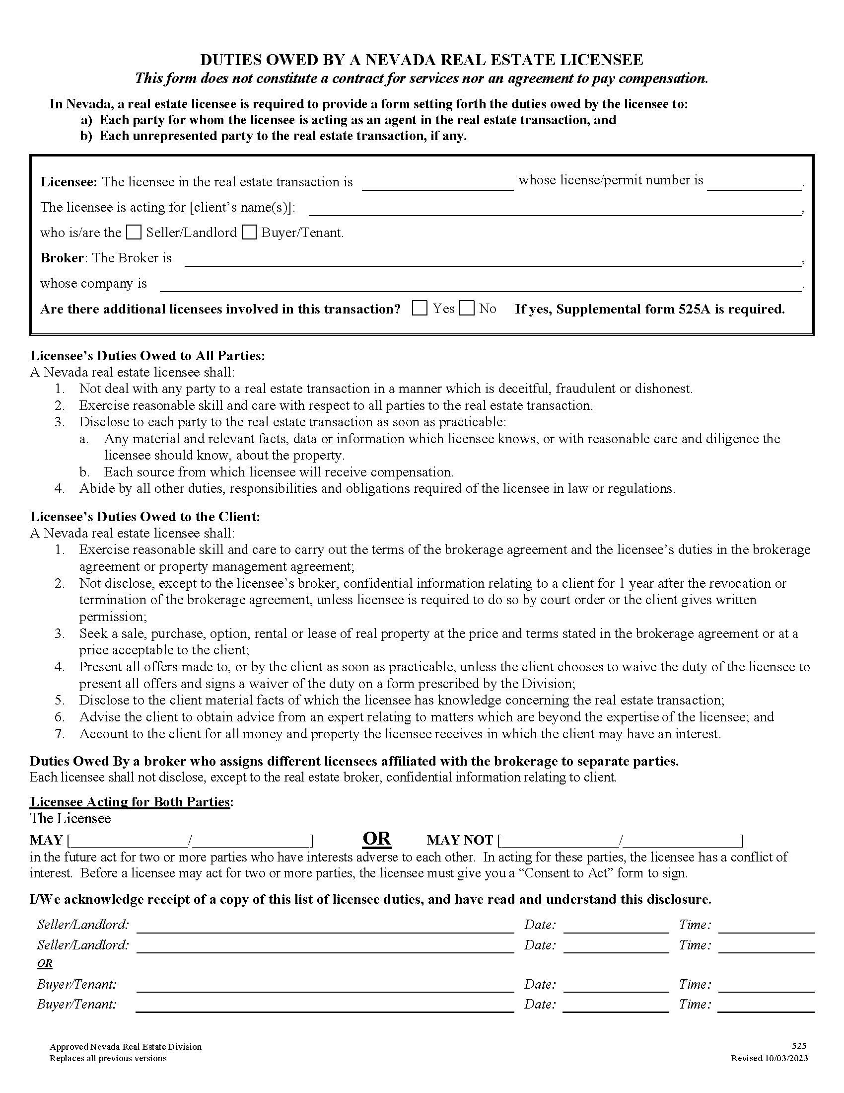 Seven Hills Property Management 4 DUTIES OWED BY A NEVADA REAL ESTATE LICENSEE Form 525