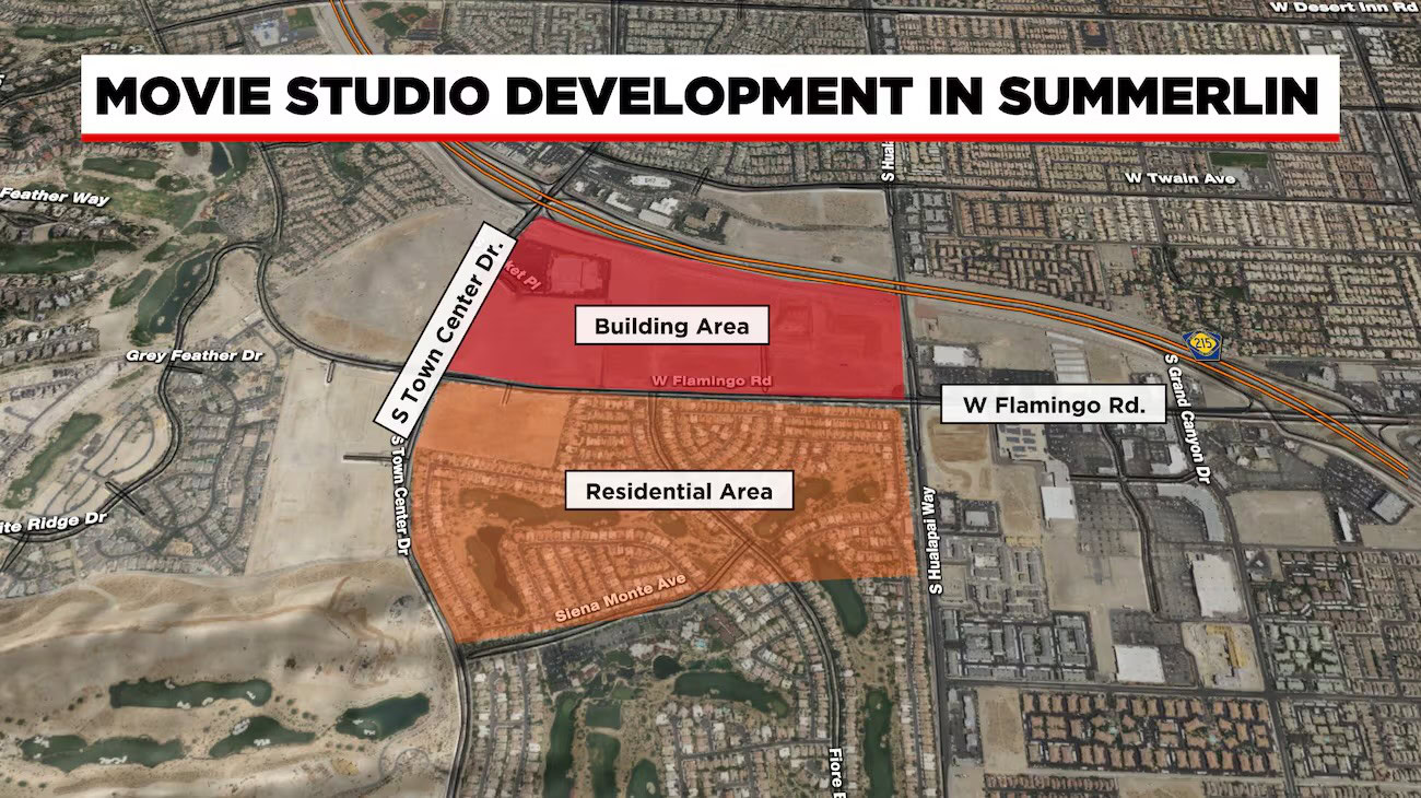 Map showing the proposed Summerlin Studios development area near Town Center Drive and Flamingo Road in Summerlin South