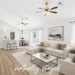 Virtually staged open living room in a Las Vegas rental home with neutral finishes and wood-style flooring
