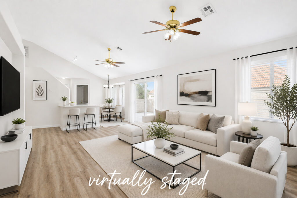 Virtually staged Las Vegas single-family rental home interior managed by Rice Real Estate & Property Management, featuring an open living area, neutral finishes, updated flooring, and bright natural light.