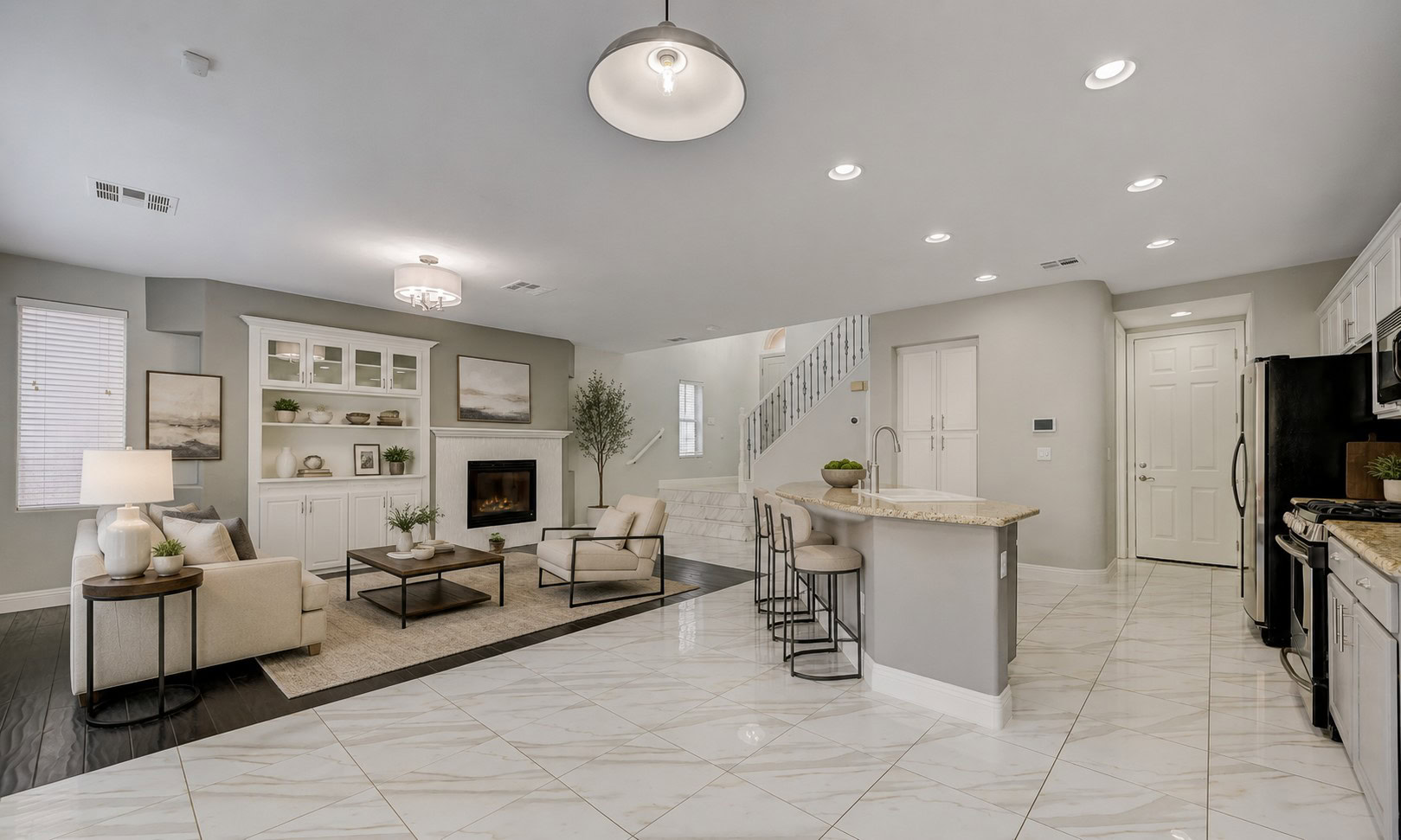 Interior of a Las Vegas rental home with kitchen appliances and living area