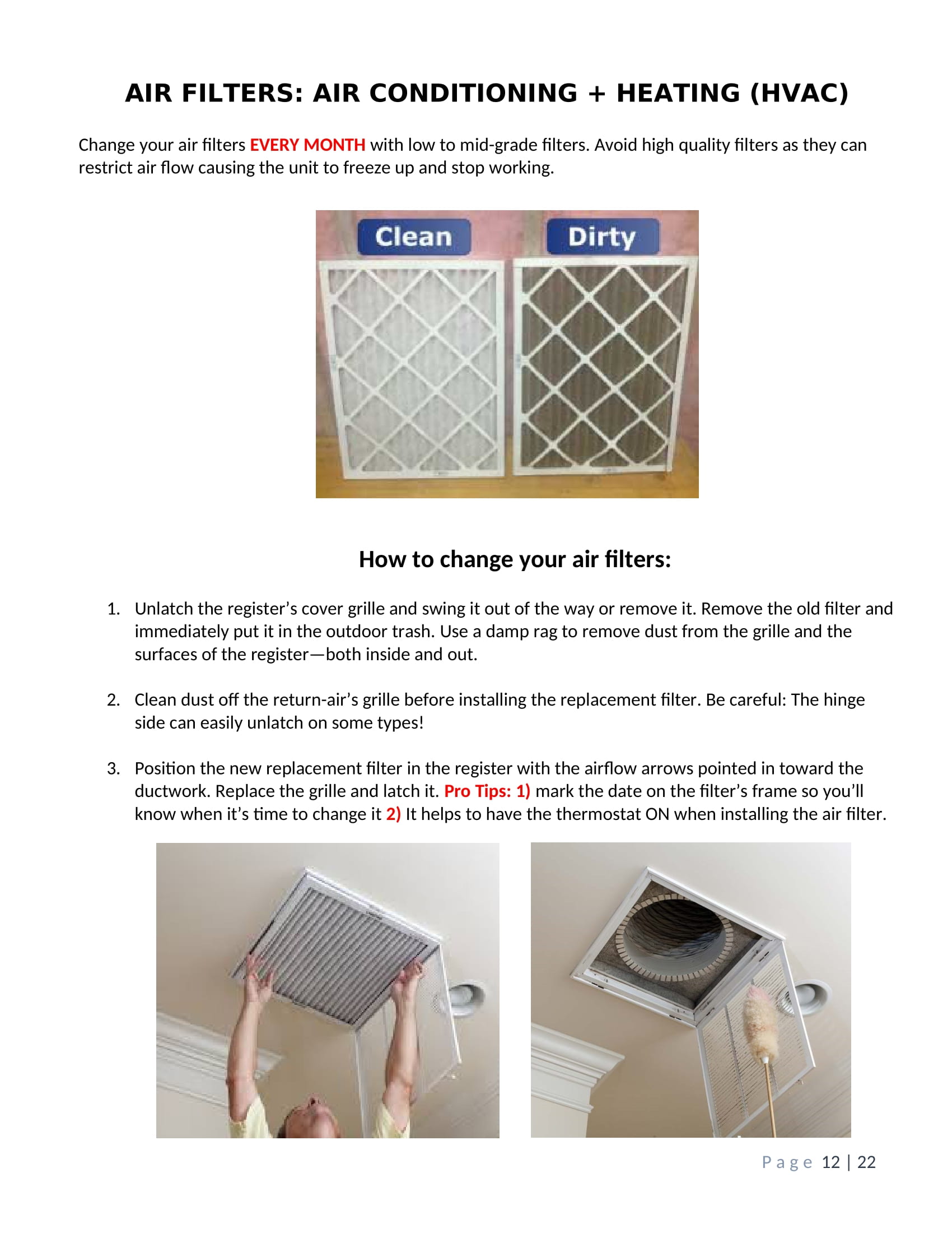Air filter care guide showing clean and dirty filters and how Residents replace HVAC filters in a rental home.