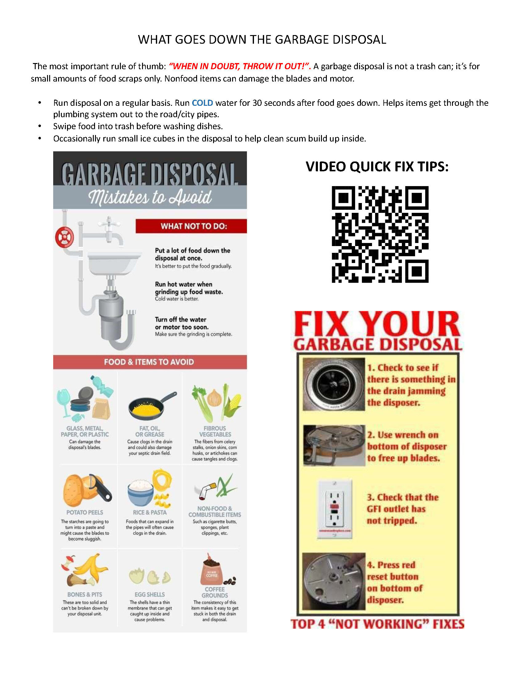 Garbage disposal use sheet placed in Rice-managed rental homes explaining what Residents should and should not put down the disposal.